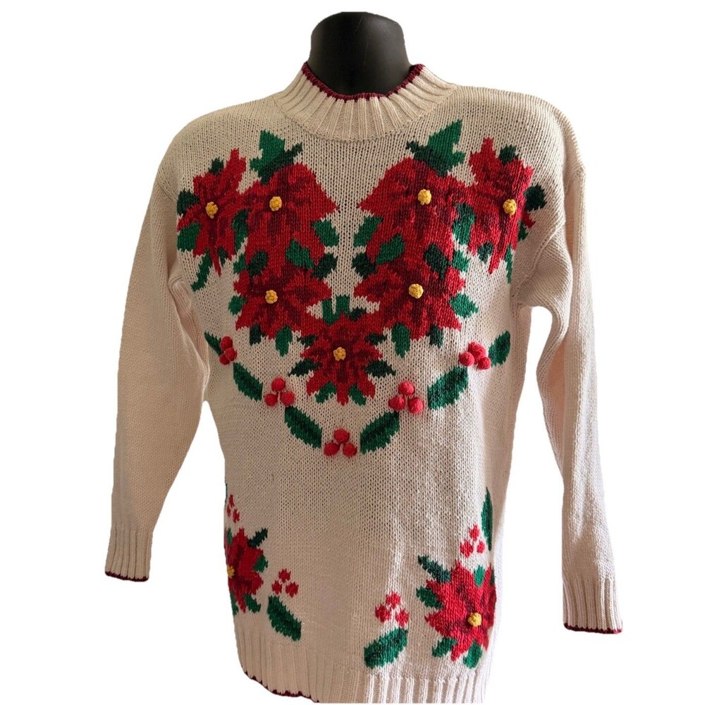 Vintage NUTCRACKER Holiday Winter Christmas UGLY Sweater POINSETTIA  SZ M